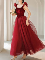 Burgundy Aline Tea Length Prom Dresses, Burgundy Formal Dress With Velvet