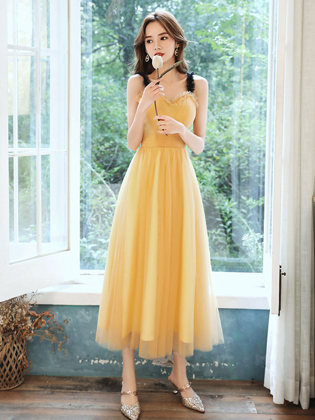 Yellow Sweetheart Neck Satin Tea Length Prom Dress, Yellow Formal Dres –  shopluu