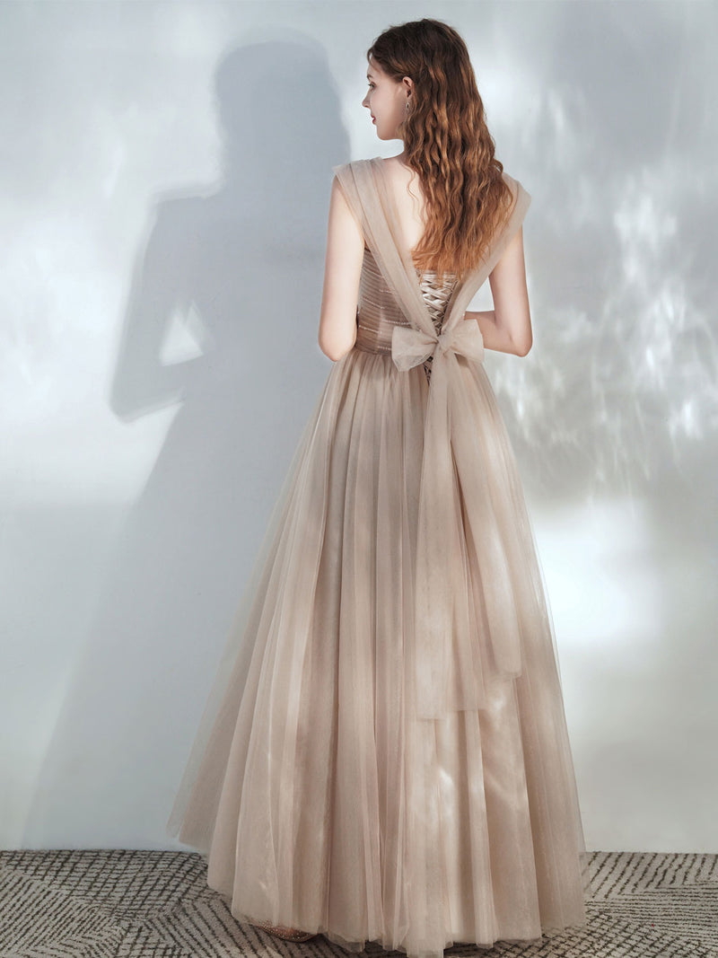 A-Line Tulle Champagne Long Prom Dress