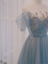 A-Line Scoop Neckline Tulle Gray Blue Long Prom Dress