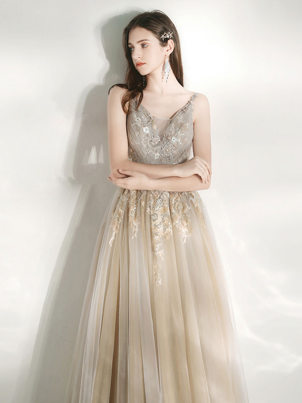 Cute Tulle Lace Long Prom Dresses, A-Line Evening Dresses US 16 / Champagne Cute Tulle Lace Long Prom Dresses, A-Line Evening Dresses US 16 / Champagne
