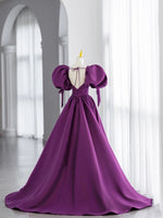 Simple V Neck Puffy Sleeves Satin Long Prom Dress, Satin Evening Dress