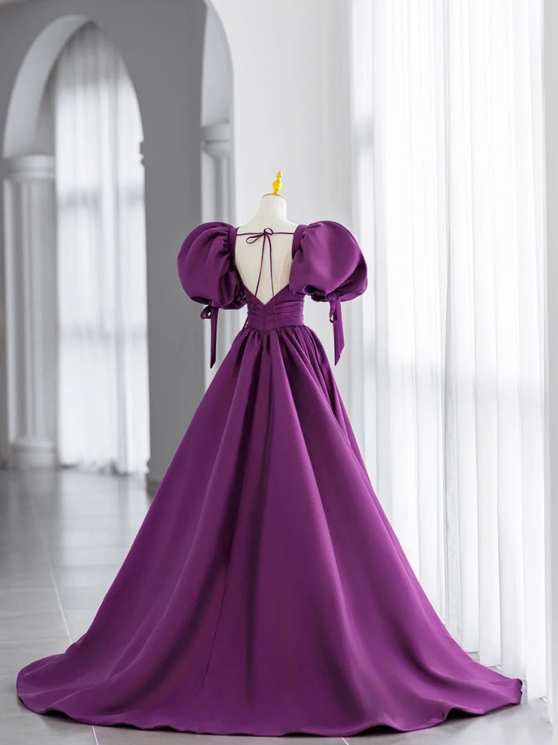 Simple V Neck Puffy Sleeves Satin Long Prom Dress, Satin Evening Dress – shopluu Simple V Neck Puffy Sleeves Satin Long Prom Dress, Satin Evening Dress – shopluu