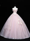 Pink Tulle Lace Applique Long Prom Dresses, Pink Sweet 16 Dresses