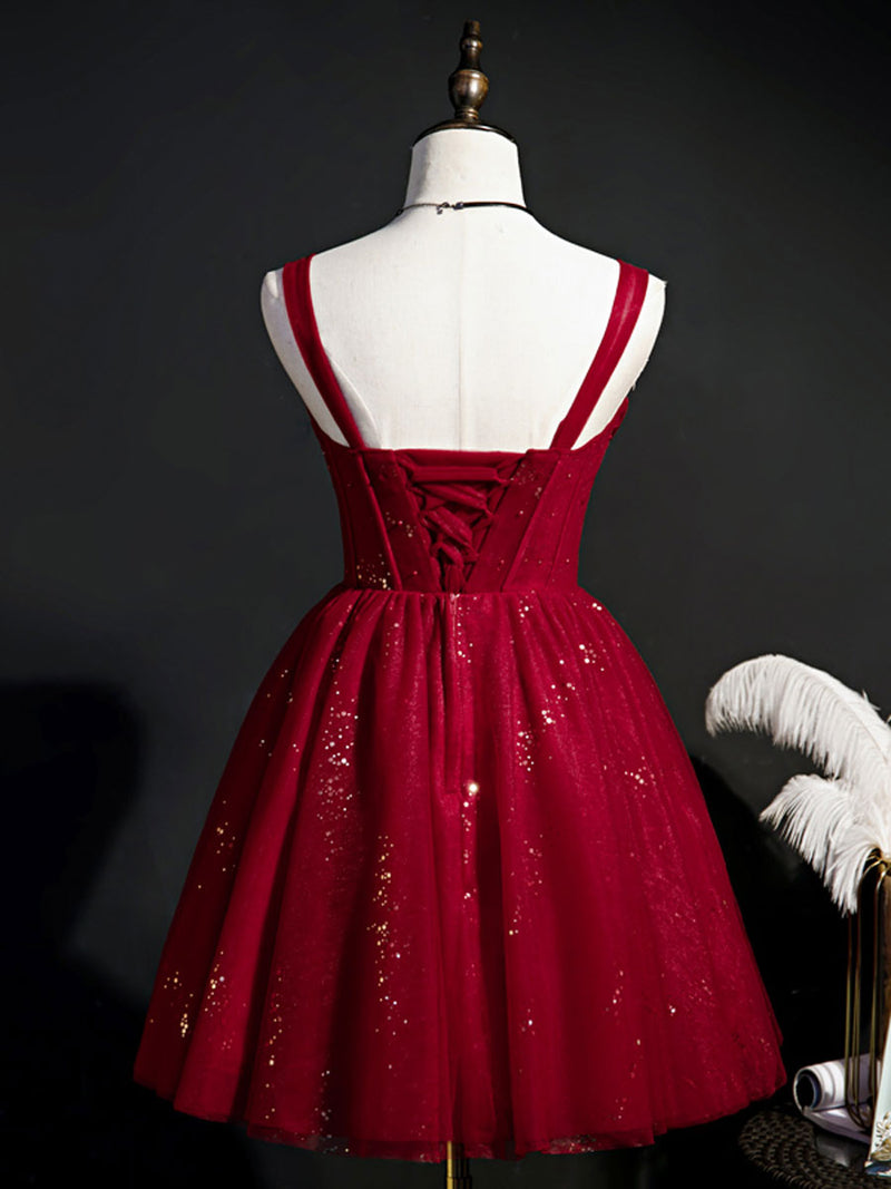 Burgundy Sweetheart Neck Tulle Sequin Short Prom Dress, Puffy Cute Homecoming Dresses US 16 / Burgundy Burgundy Sweetheart Neck Tulle Sequin Short Prom Dress, Puffy Cute Homecoming Dresses US 16 / Burgundy