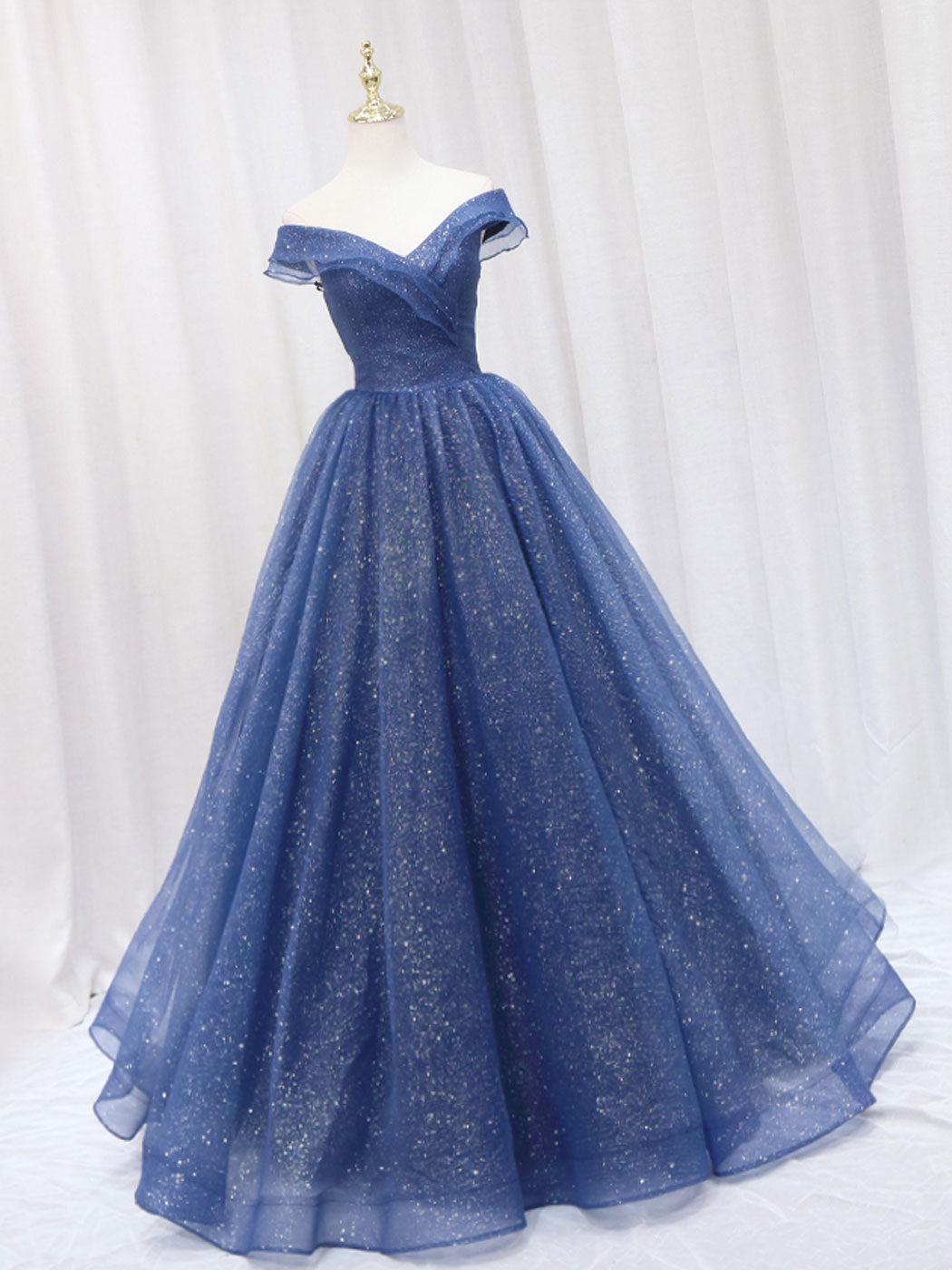 A-Line Off Shoulder Dark Blue Long Prom Dress, Shiny Tulle Long