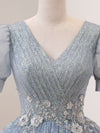V Neck Tulle Sequin Gray Blue Long Prom Dress, Gray Blue Formal Sweet 16 Dress