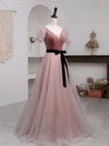 A-Line Pink Tulle Velvet Long Prom Dress