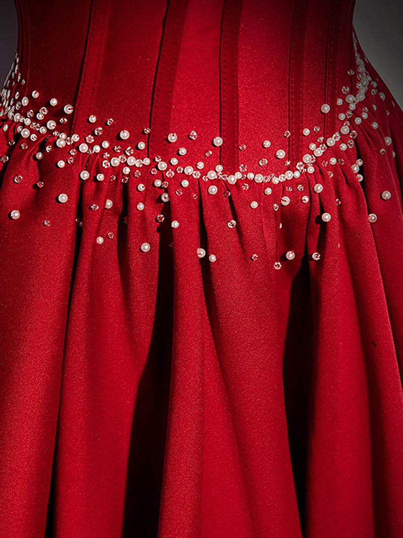Burgundy Satin Beads Long Prom Dresses, Burgundy Long Formal Dresses