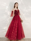 A-Line Burgundy Tulle Long Prom Dress, Burgundy Formal Evening Dresses
