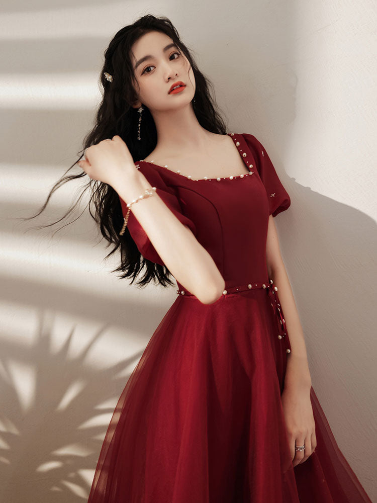 Simple Tea Length Burgundy Prom Dress, Burgundy Graduation Dresses US 4 / Burgundy Simple Tea Length Burgundy Prom Dress, Burgundy Graduation Dresses US 4 / Burgundy