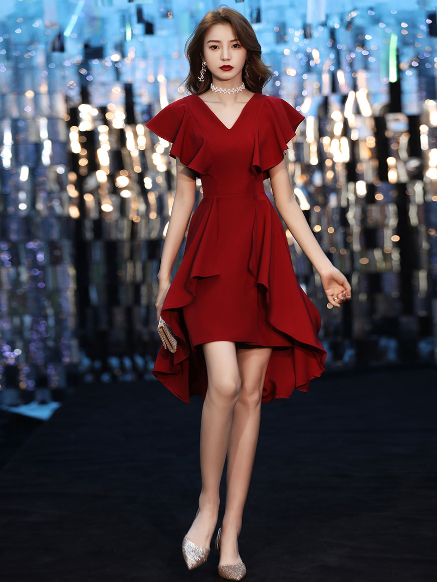 Simple V Neck Burgundy Short Prom Dresses, Burgundy Homecoming Dresses