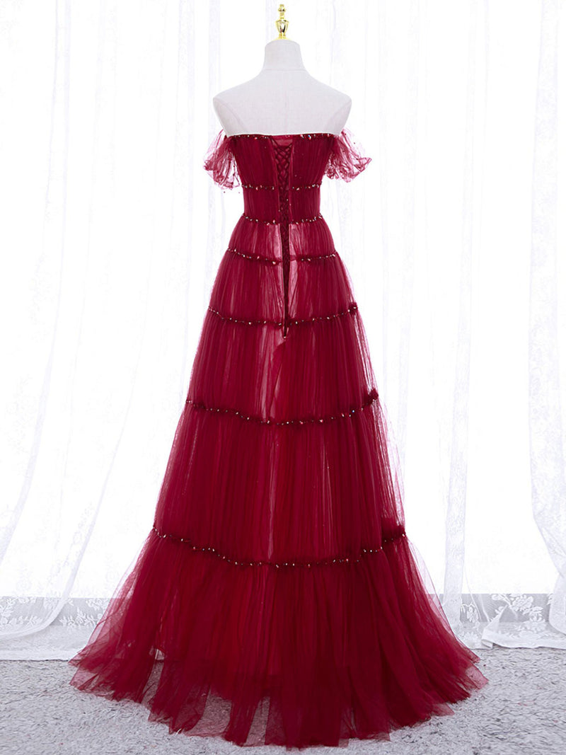 Burgundy Off Shoulder Long Prom Dress, Burgundy Formal Dress with Beading Sequin