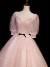 Pink A Line Puffy Sleeves Tulle Long Prom Dress, Pink Sweet 16 Dress