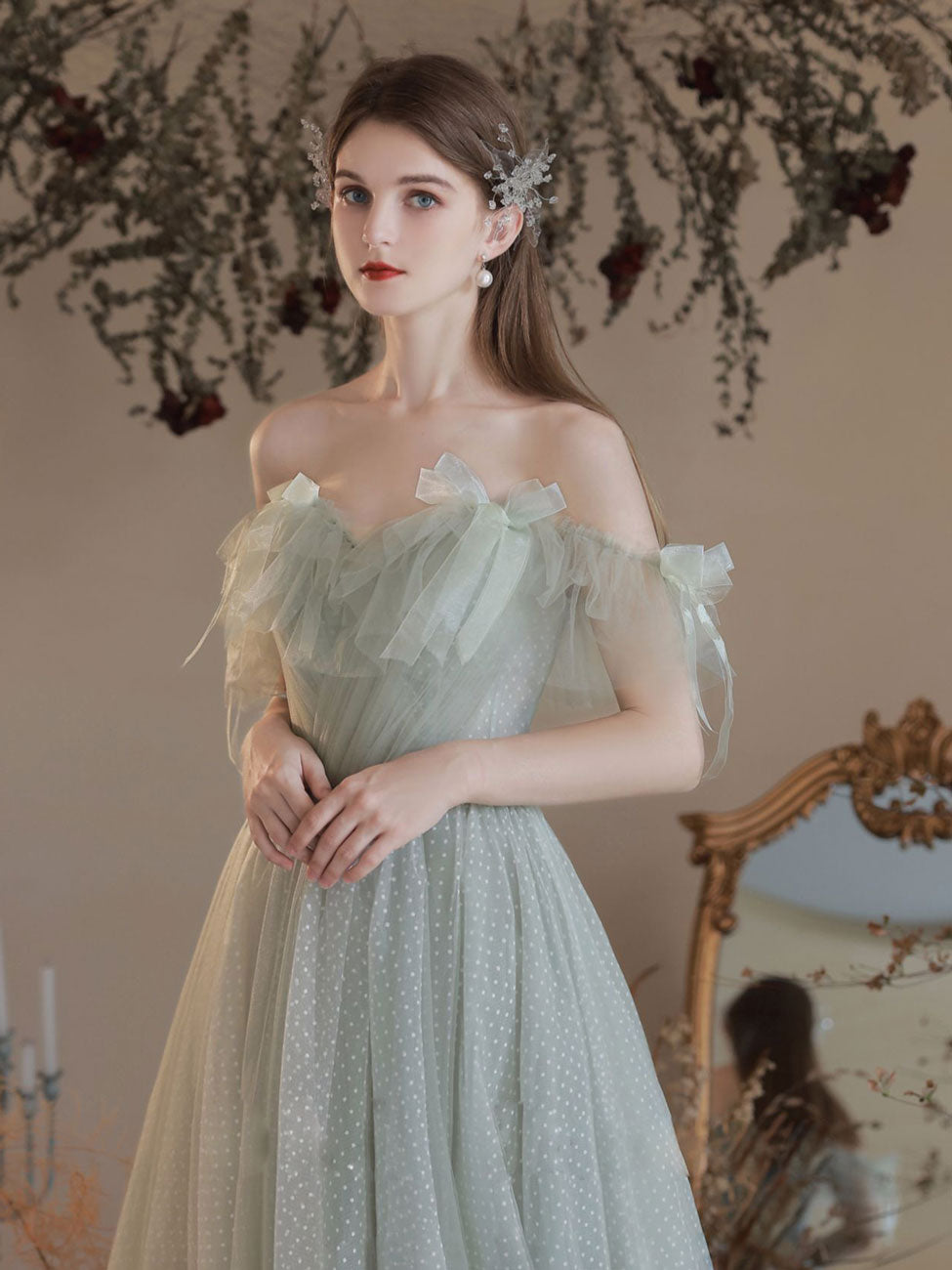 Green A Line Tulle Long Prom Dresses, Green Formal Graduation Dress