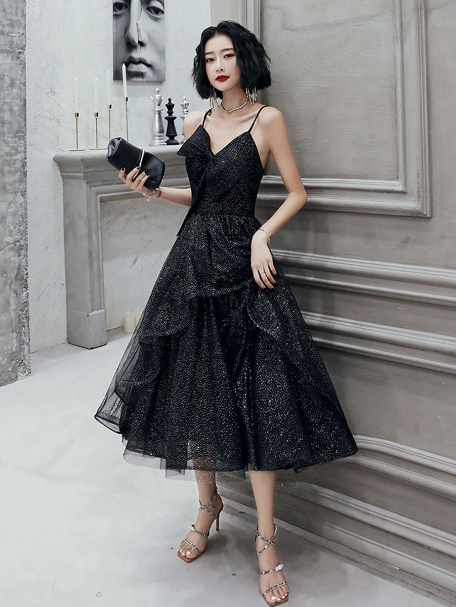 V Neck Tulle Sequin Short Black Prom Dresses, Black Tulle Homecoming Dresses