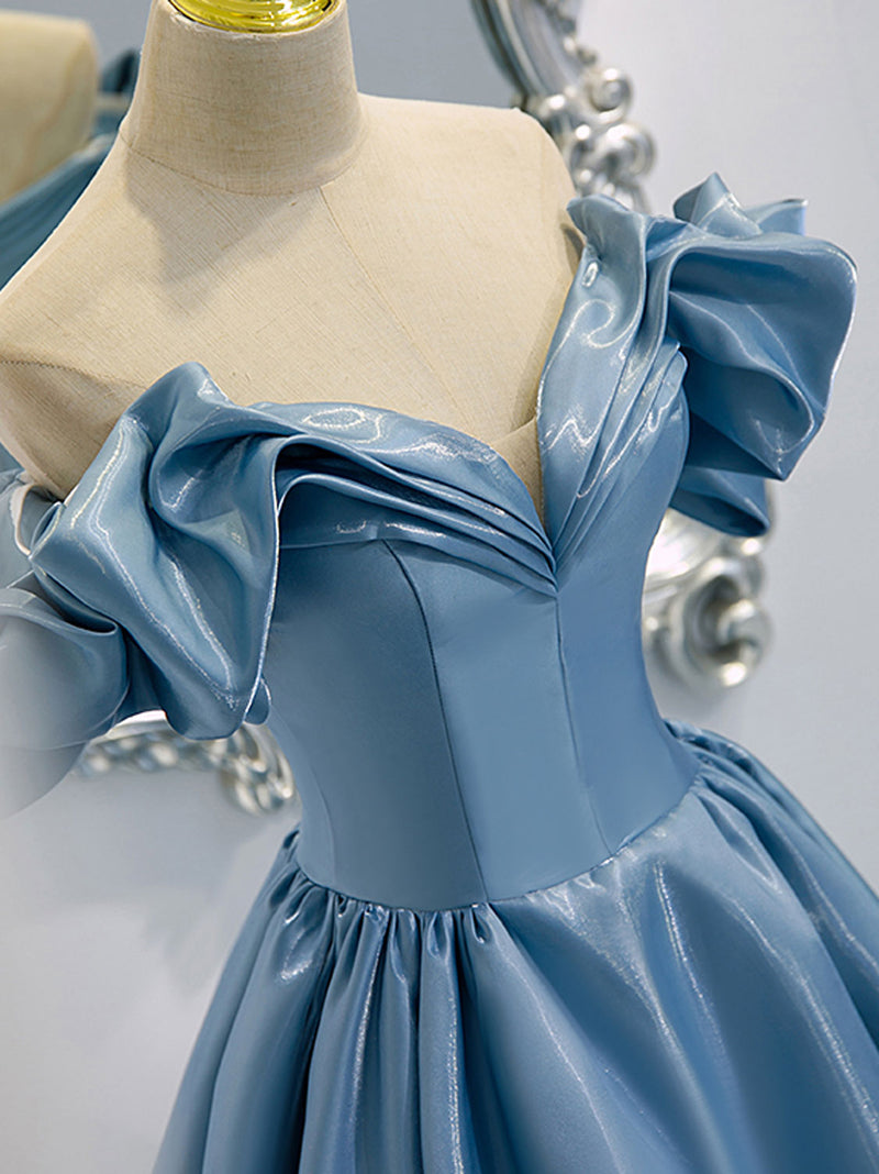 A-Line V Neck Satin Blue Long Prom Dress