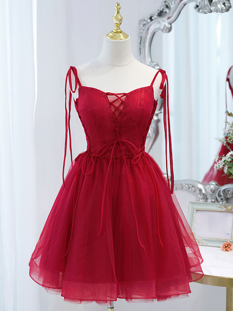 Short Red Tulle Lace Prom Dresses, Dark Red Short Lace Tulle Formal Homecoming Dresses, US 16 / Custom Color / No Rush Short Red Tulle Lace Prom Dresses, Dark Red Short Lace Tulle Formal Homecoming Dresses, US 16 / Custom Color / No Rush