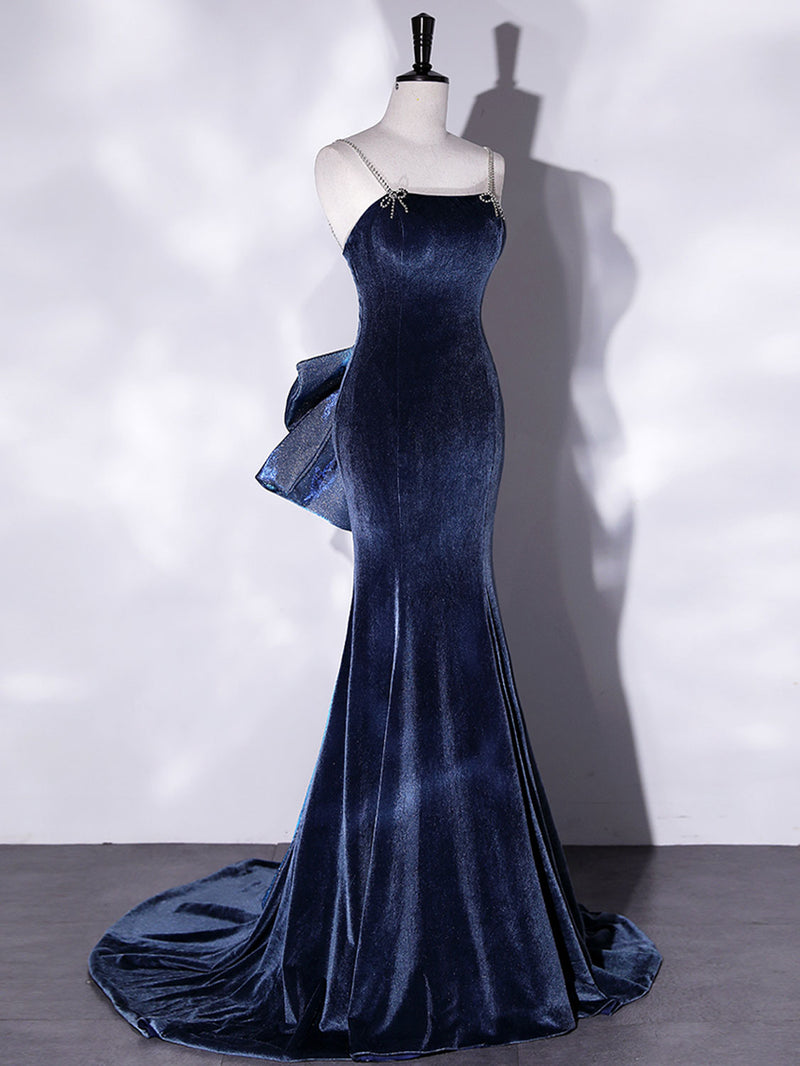 Mermaid Velvet Blue Long Prom Dresses,