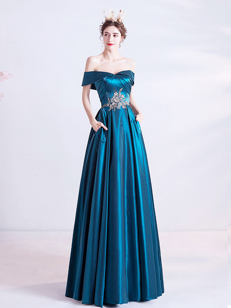 A-Line Sweetheart Neck Satin Blue Long Prom Dress, Blue Evening Dresses