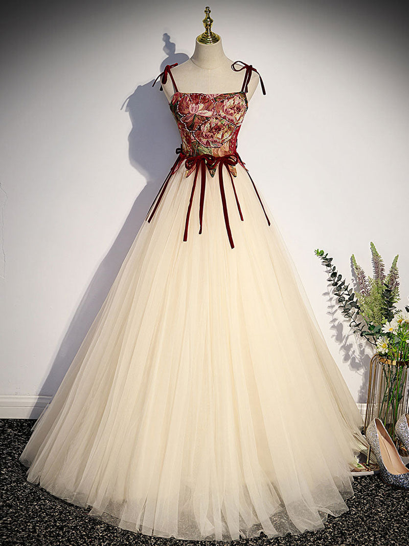 A line Champagne Long Prom Dresses, Champagne Formal Gown With Beading Velvet