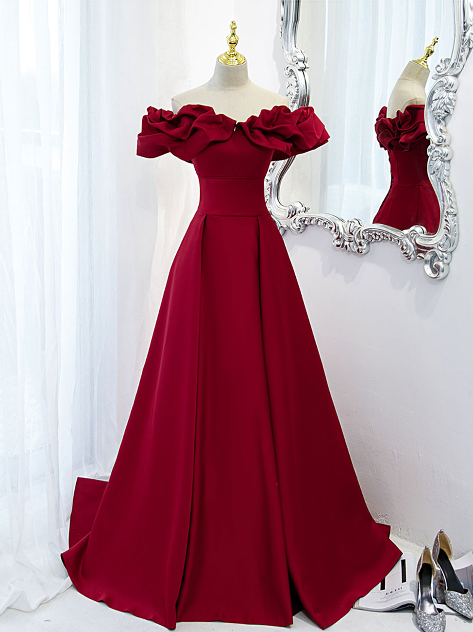 Burgundy Off Shoulder Satin Long Prom Dress