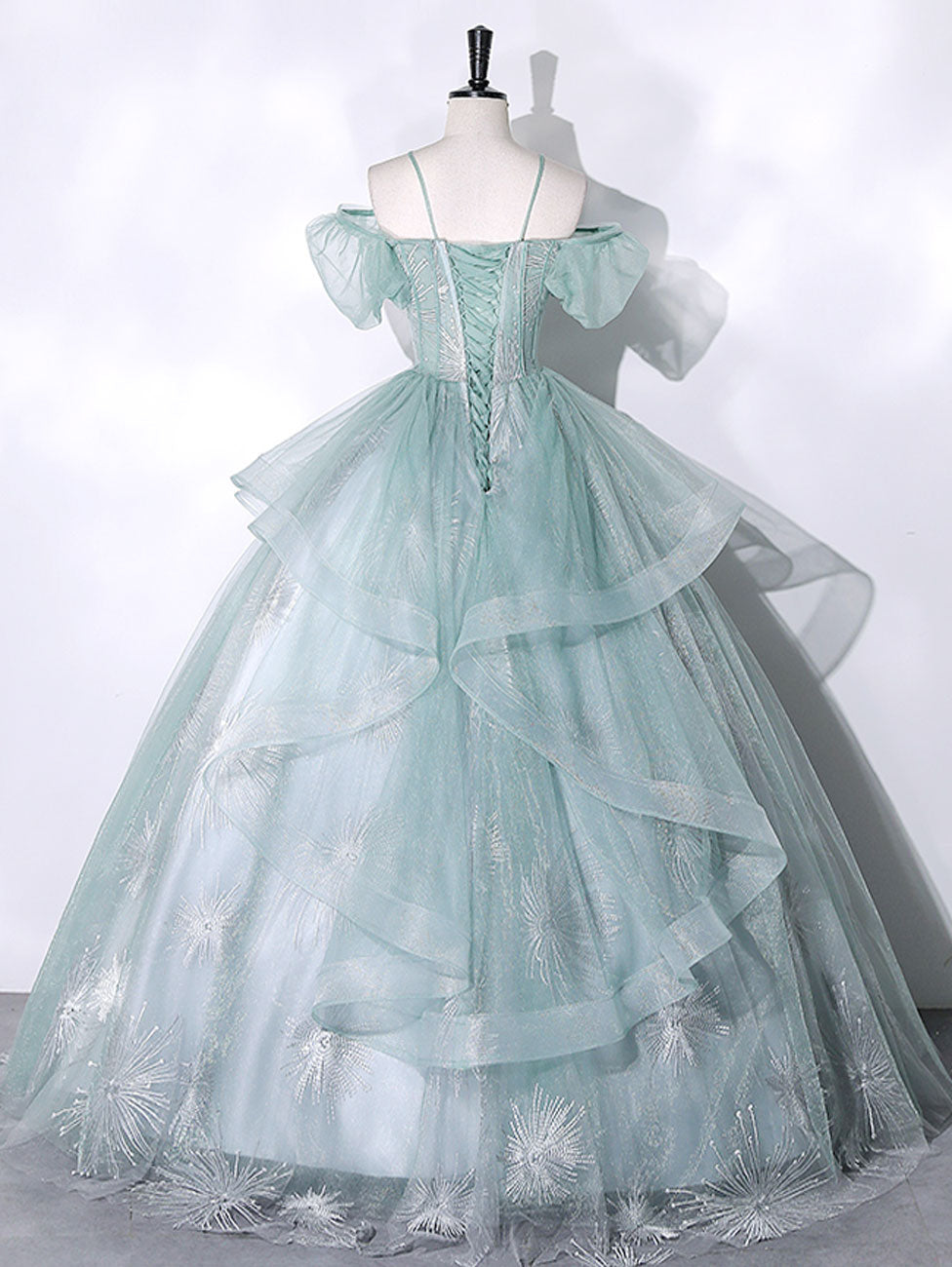 Green Lace Long Sweet 16 Dress
