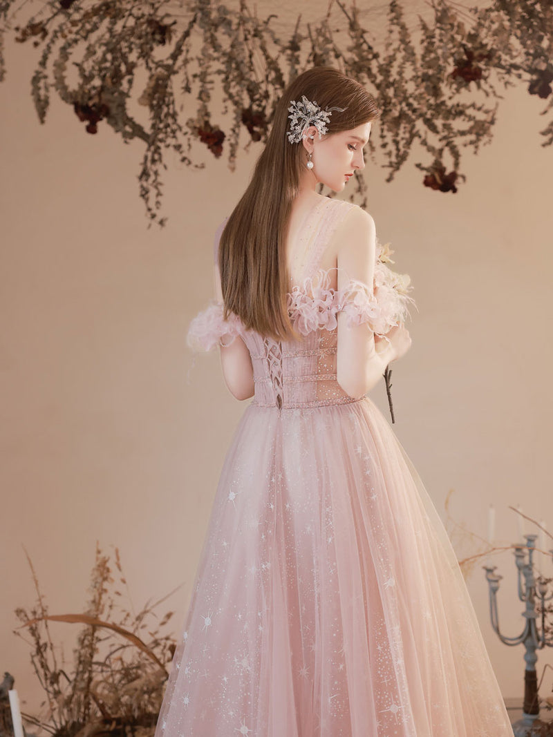 A Line Pink Long Prom Dresses, Off Shoulder Pink Formal Dress with Bea shopluu A Line Pink Long Prom Dresses, Off Shoulder Pink Formal Dress with Bea shopluu