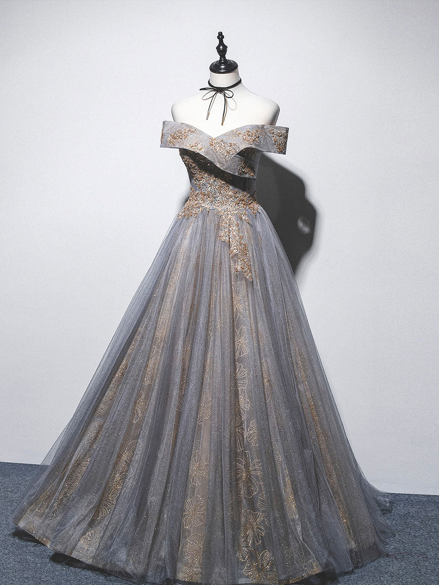A-Line Off Shoulder Tulle Long Gray Prom Dress, A line Tulle Lace Evening Dress