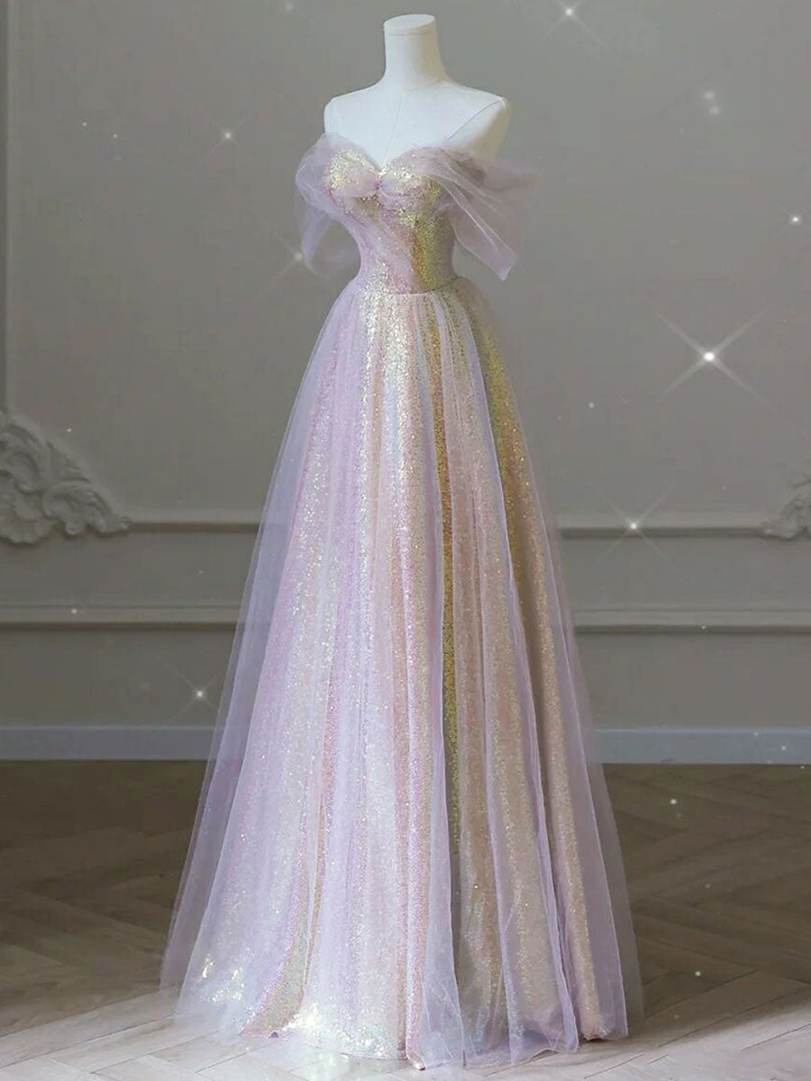 A-Line Sweetheart Neck Tulle Sequin Long Prom Dress Tulle Party Dress