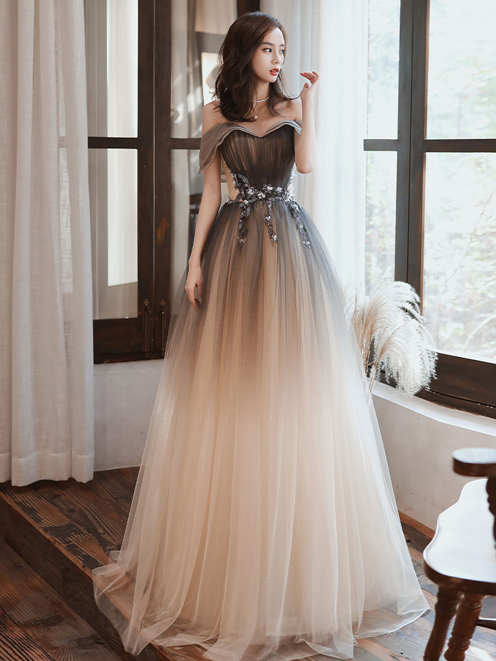 brown dress a line Long Prom Dresses, Off Shoulder Brown Formal Graduation D Size:US5