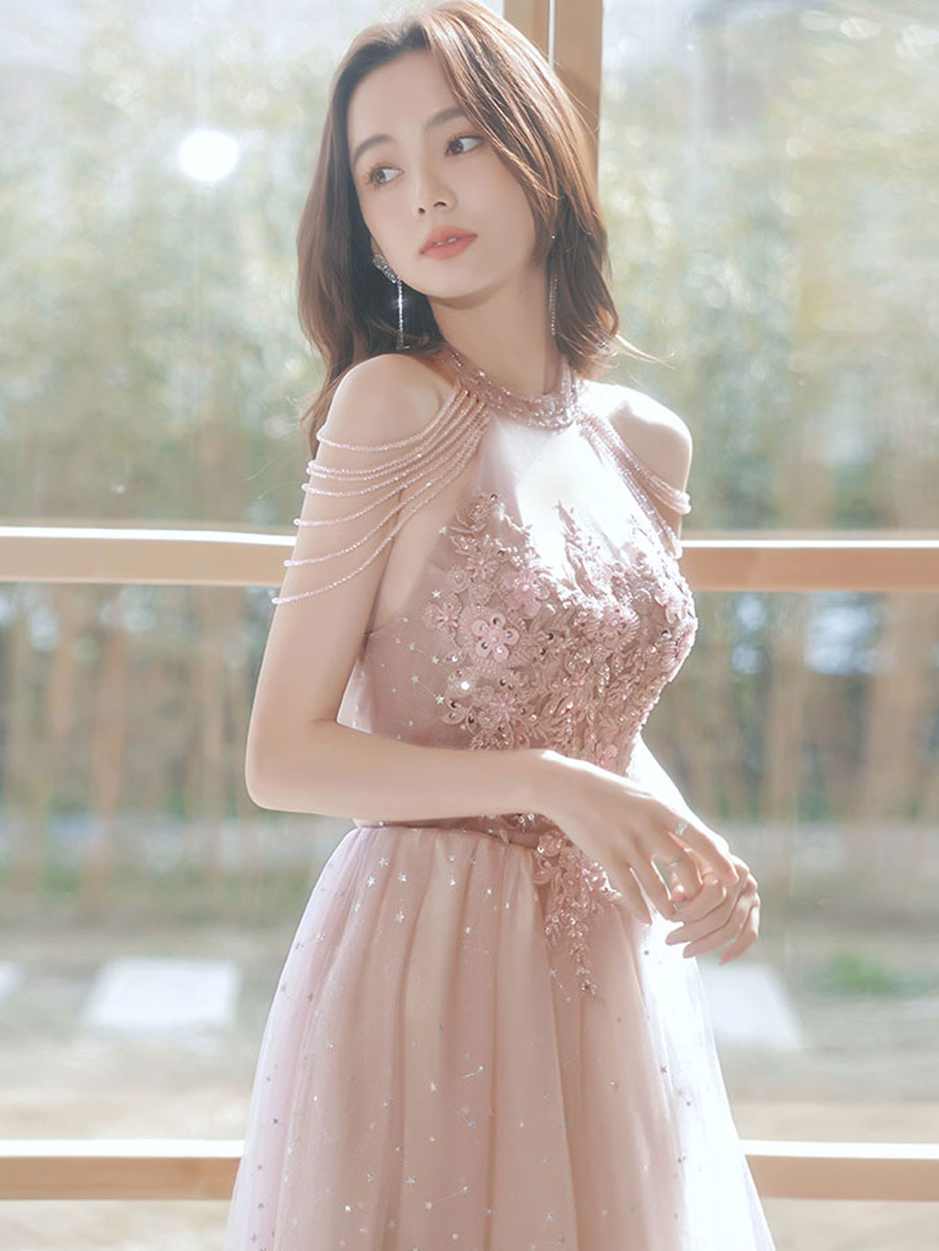 A-Line Pink Tulle Lace Tea Length Prom Dress, Pink Tulle Formal Dresses
