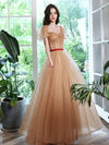 Aline Sweetheart Neck Tulle Long Champagne Prom Dress, Champagne Evening Dresses