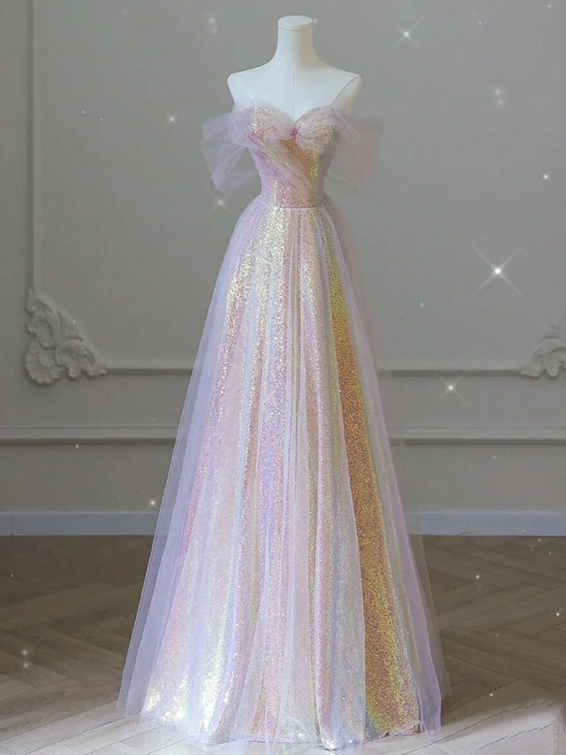 Unique Sweetheart Neck Tulle Sequin Long Prom Dress Tulle Party Dress ...