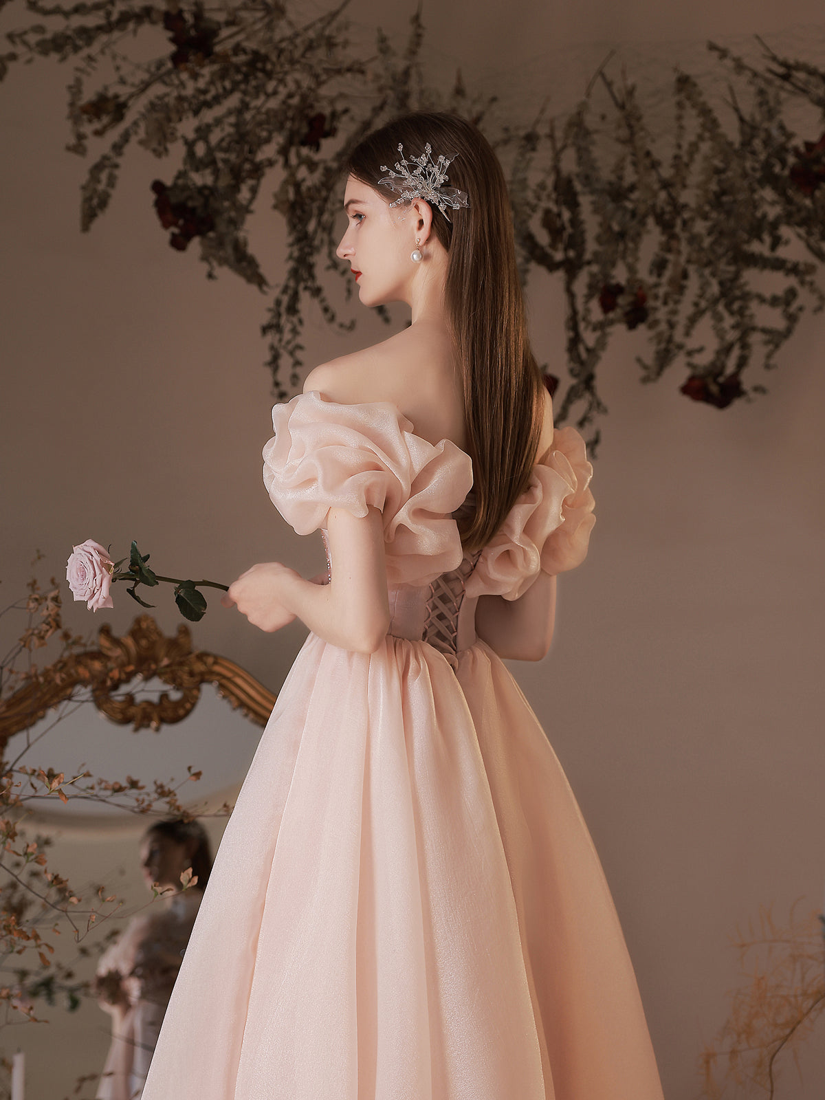 Pink Tulle Off Shoulder Tea Length Prom Dress Pink Tulle Homecoming Dress