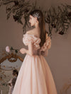 Pink Tulle Off Shoulder Tea Length Prom Dress Pink Tulle Homecoming Dress