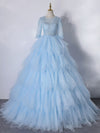 Blue A-Line Tulle Lace Long Prom Dress, Blue Lace Formal Evening Dresses