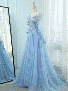 A-Line V Neck  Tulle Lace Blue Long Prom Dresses