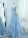 A-Line V Neck  Tulle Lace Blue Long Prom Dresses