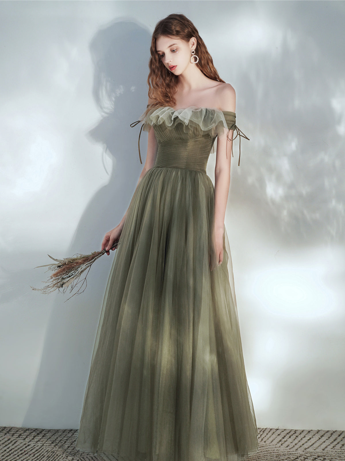 Green Tulle Long Prom Dress, A-Line Off the Shoulder Evening Dress US 8 / Custom Color Green Tulle Long Prom Dress, A-Line Off the Shoulder Evening Dress US 8 / Custom Color