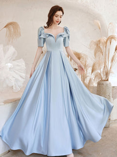 A-Line Square Neckline Satin Blue Long Prom Dress