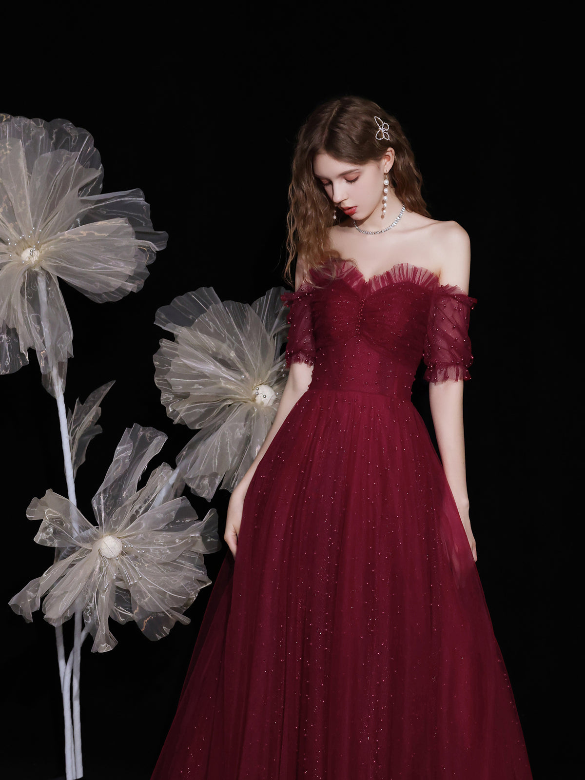 Burgundy sweetheart neck tulle beads long prom dress tulle formal dress