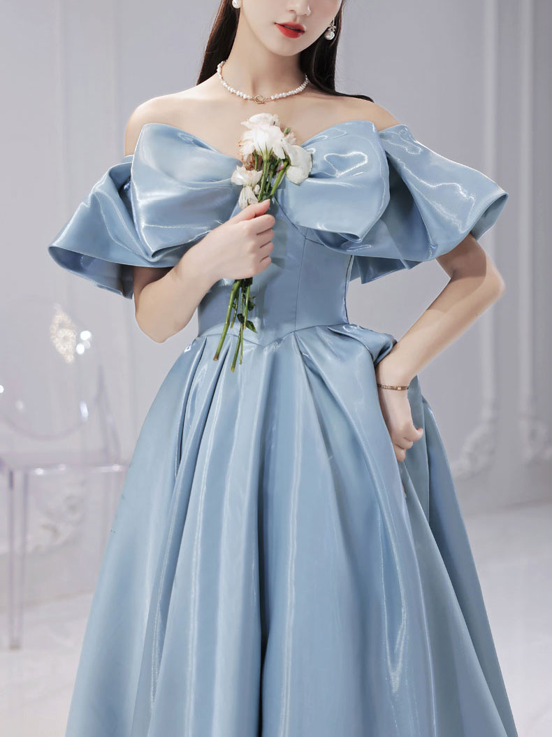 Elegant Cocktail Dress Knee Length Dresses Vintage Simple Blue Satin Long Prom Dress, Blue Formal Graduation Elegant Cocktail Dress Knee Length Dresses Vintage Simple Blue Satin Long Prom Dress, Blue Formal Graduation