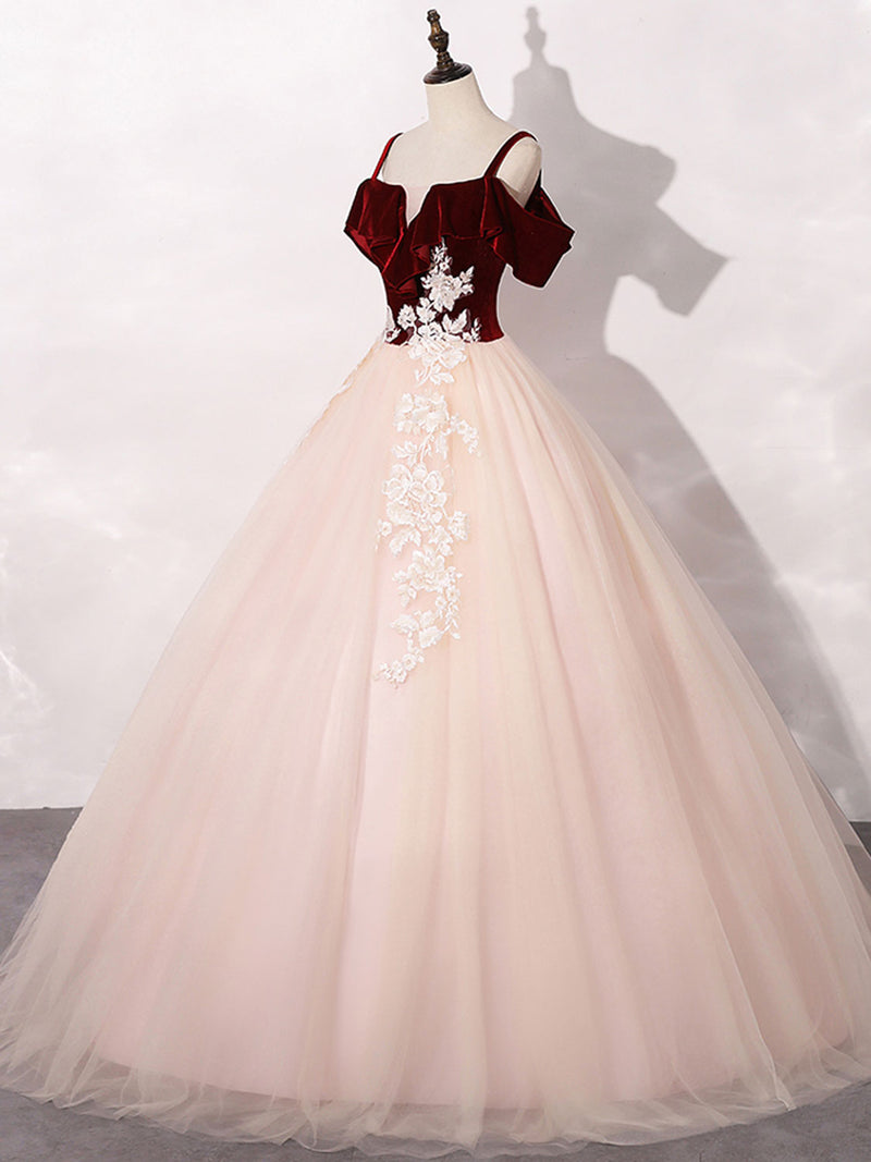 Pink/Burgundy Tulle Long Prom Dresses, A-Line Formal Sweet 16 Dress wi – shopluu
