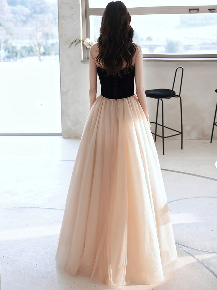 Simple Champagne Long Prom Dresses, Champagne Tulle Formal Dresses
