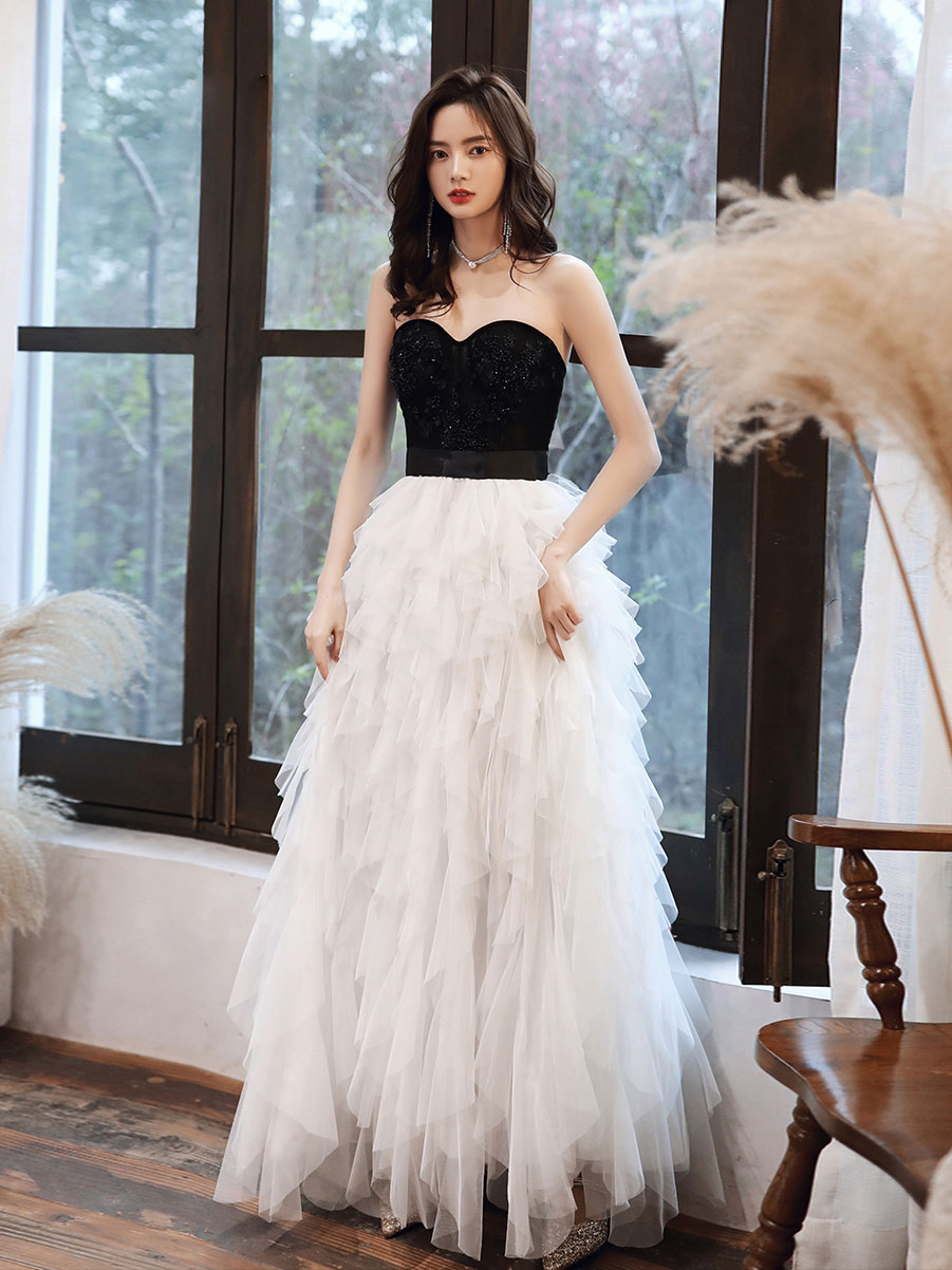 White Tulle Sweetheart Long Prom Dress, White Formal Graduation Dresses