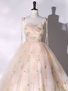 A-Line Tulle Lace Champagne Long Prom Dress, Champagne Formal Sweet 16 Dress