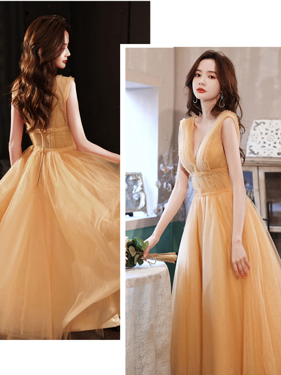 Yellow V Neck Tulle Tea Length Prom Dress, Yellow Homecoming Dresses