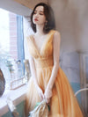 Yellow V Neck Tulle Tea Length Prom Dress, Yellow Homecoming Dresses