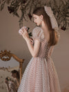 A Line Polka Dot Tulle Tea Length  Pink Prom Dresses, Puff Sleeves Homecoming Dress